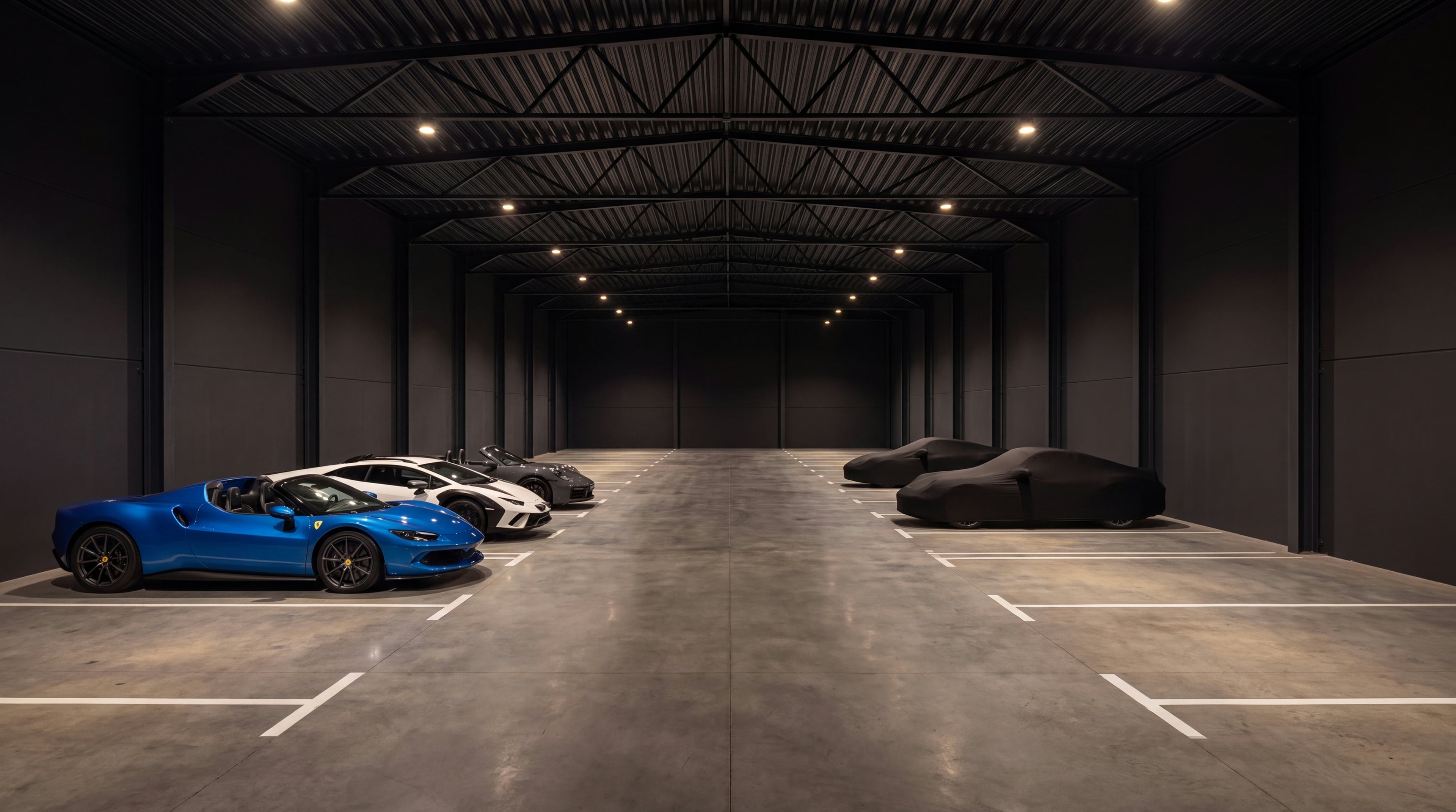 Private automotive gallery at Vault 620 with exceptional cars resting under fitted indoor covers in warm accent lighting