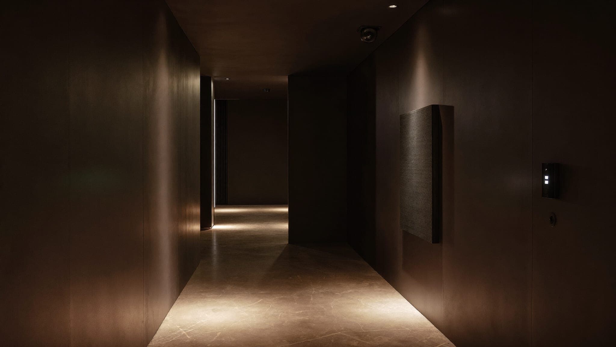 Dark corridor at Vault 620 with a glowing keypad access panel and discreet ceiling security camera